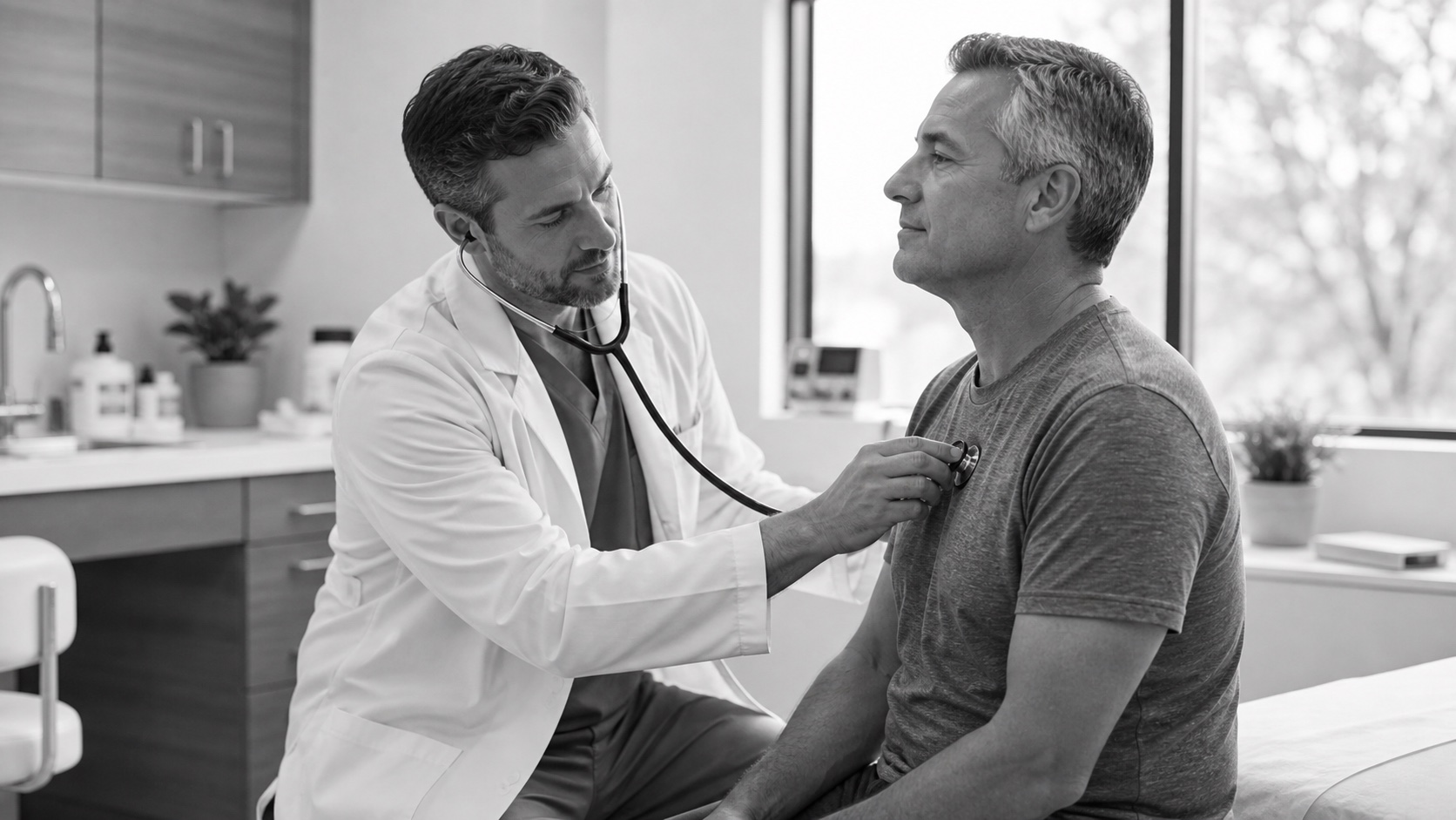 Doctor checking a seated patient's health with a stethoscope in a bright exam room