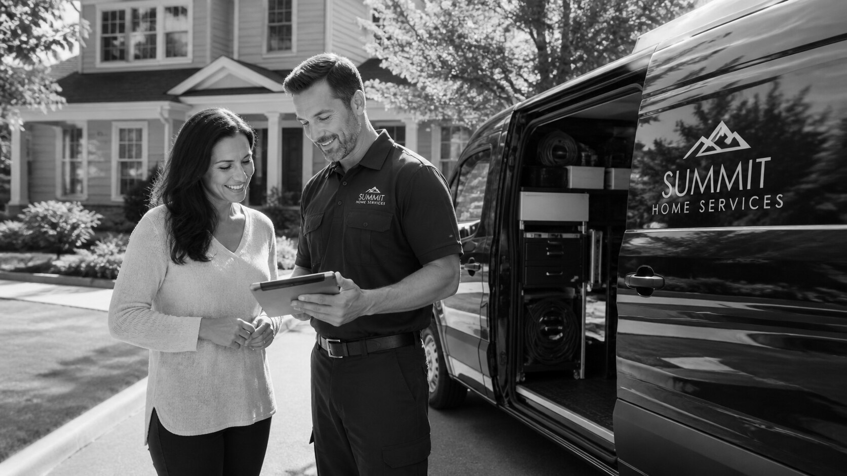 Home services technician reviewing a service plan with a homeowner beside a branded work van