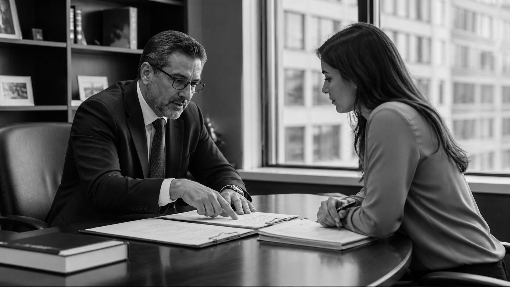 Attorney reviewing legal documents with a client in a law office