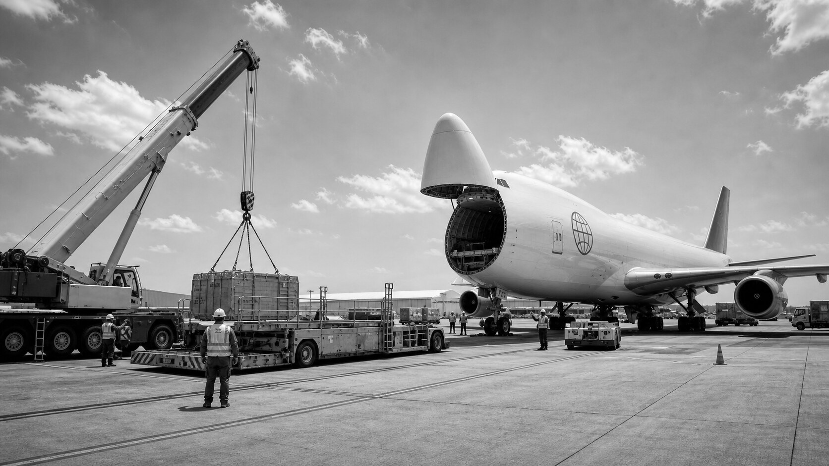 Air freight crew loading cargo into a wide-body aircraft on the tarmac