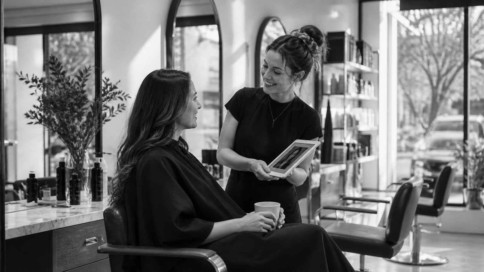 Salon stylist showing a client a digital style preview on a tablet