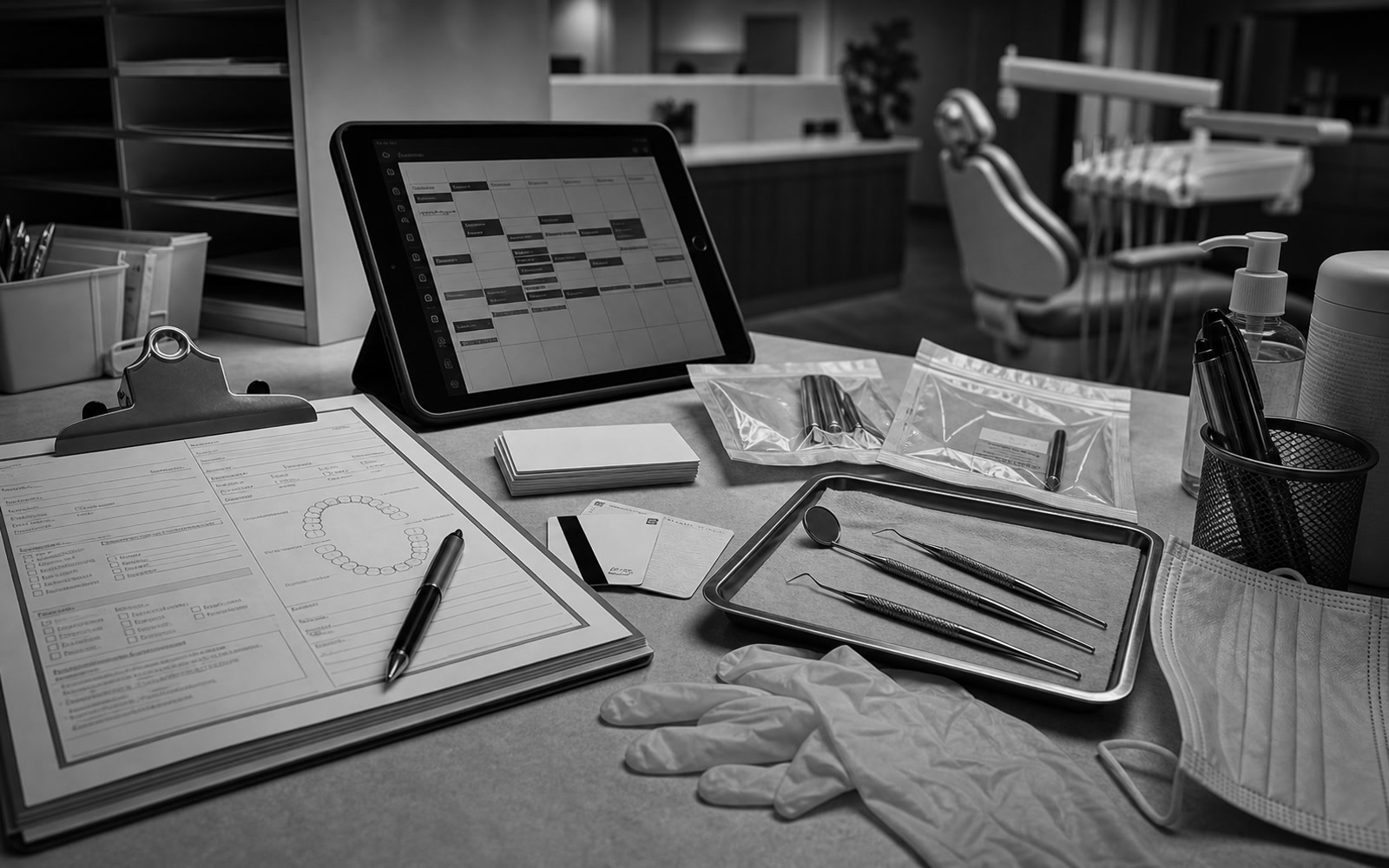 Black-and-white dental intake workflow surface with forms, tablet schedule, sterile tools, gloves, and operatory context