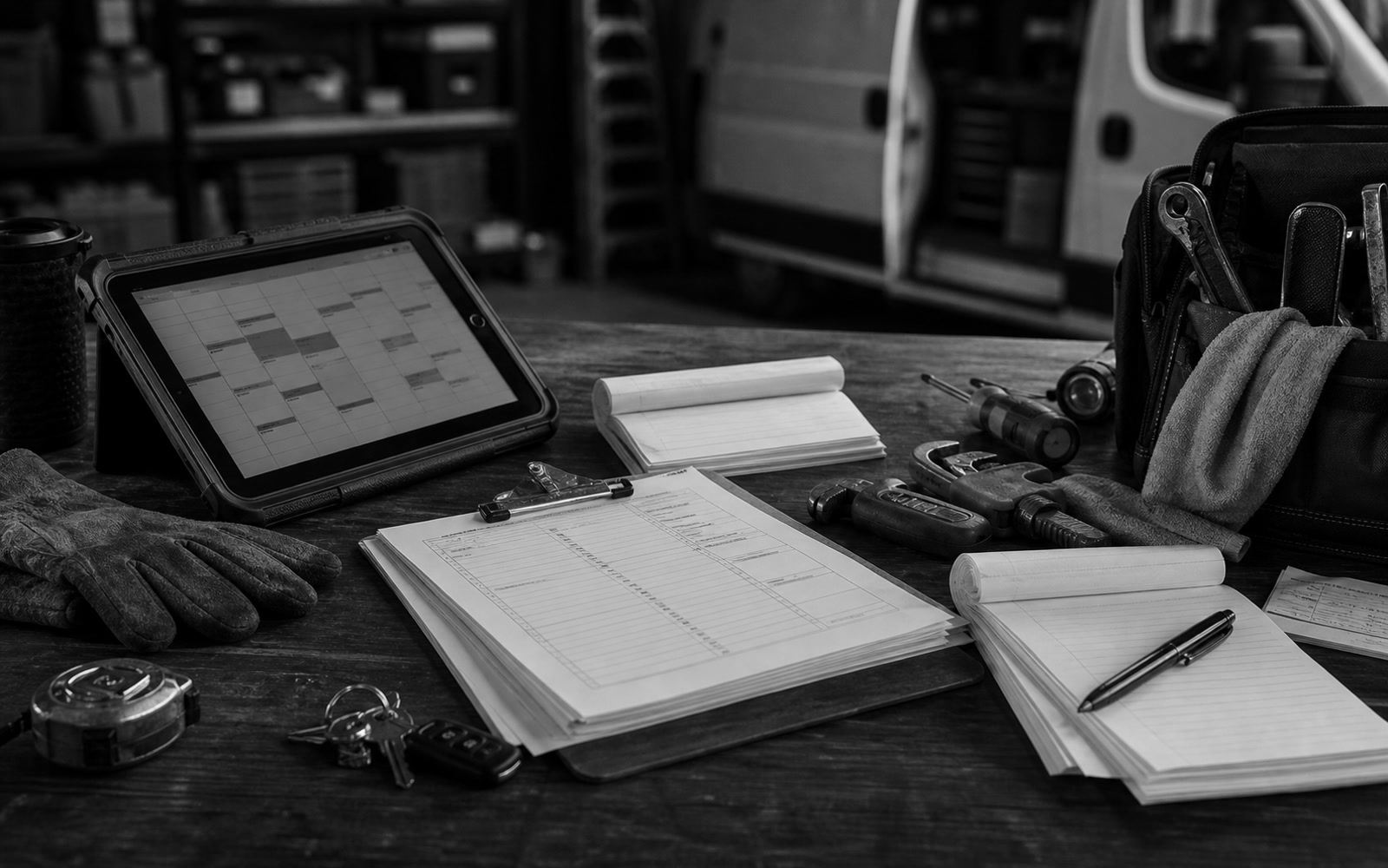 Black-and-white home services dispatch desk with job tickets, tools, tablet schedule, and service van context