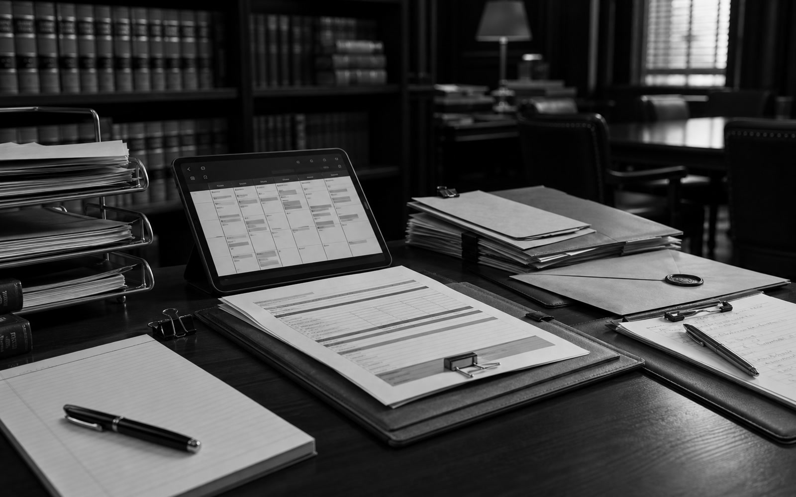 Black-and-white law firm matter intake desk with case folders, consultation notes, tablet calendar, and office context