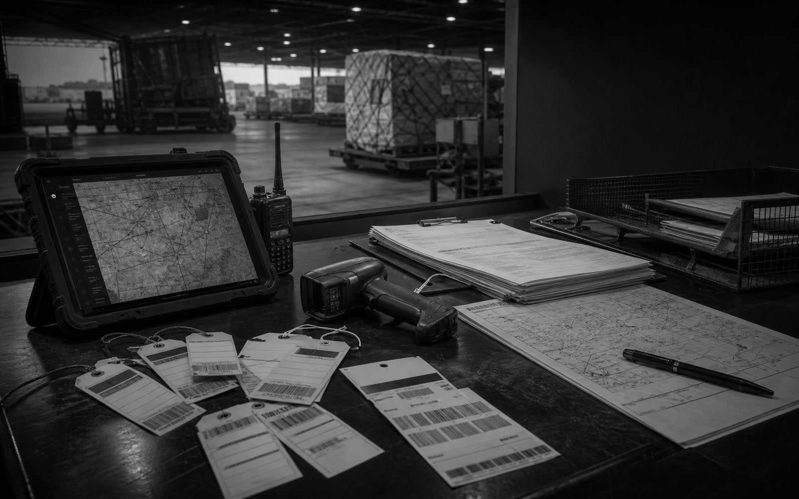 Black-and-white logistics dispatch desk with route sheets, cargo tags, scanner, tablet, and warehouse context